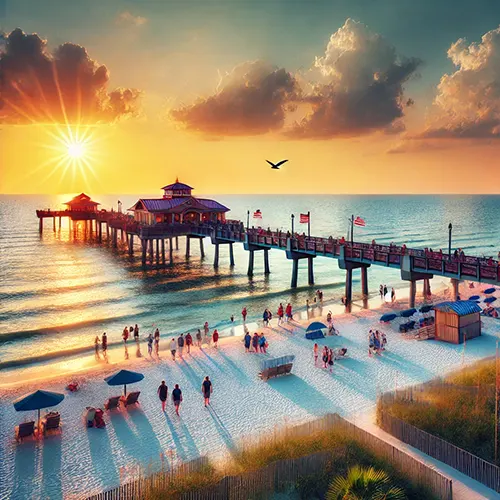 Scenic image of Clearwater Beach Pier during sunset, with people walking along the pier, the calm ocean on one side, and a sunset horizon