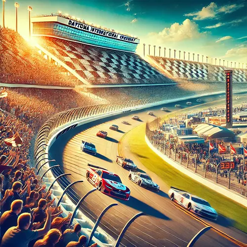 Dynamic image of Daytona International Speedway during a race event, featuring racing cars on the track and a large crowd in the stands under clear skies.