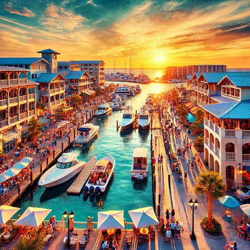 Vibrant image of Destin Harbor Boardwalk with boats docked in the harbor, tourists walking, and waterfront shops and restaurants under a sunset.