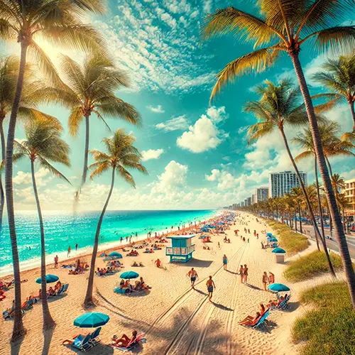 Picturesque image of Fort Lauderdale beachfront lined with tall palm trees, beachgoers, and a view of the turquoise ocean under a clear blue sky.