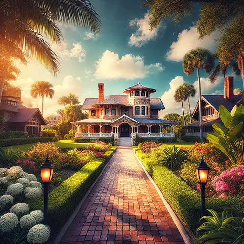 Elegant image of Edison and Ford Winter Estates showing historical buildings and lush gardens, with a path leading to Thomas Edison's winter home under a sunny sky.