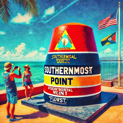 Colorful image of the Southernmost Point Buoy in Key West with tourists taking photos next to the iconic landmark under a clear blue sky.