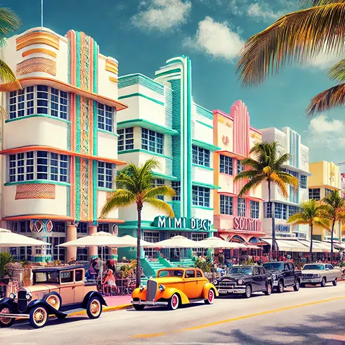 Vibrant image of Miami Beach Art Deco Historic District featuring colorful architecture, vintage cars, and pedestrians under a clear sky.