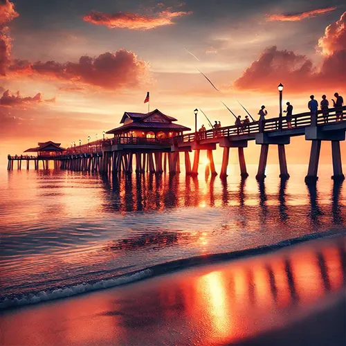 Serene image of Naples Pier at sunset with people fishing and walking, the sky painted in hues of orange and pink reflecting on the calm sea.