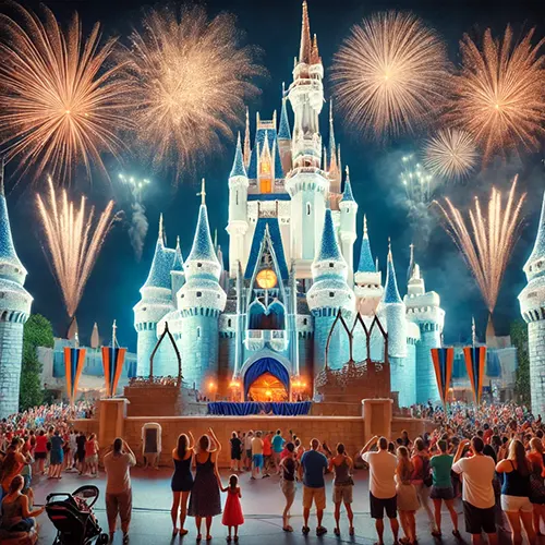 Whimsical image of a fantasy castle in a theme park setting in Orlando during a fireworks display, with families admiring the illuminated castle.