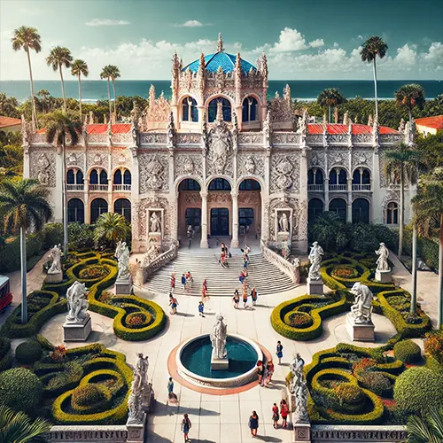 Captivating image of the Ringling Museum of Art in Sarasota, showing elegant architecture surrounded by lush gardens with visitors exploring outdoor sculptures.