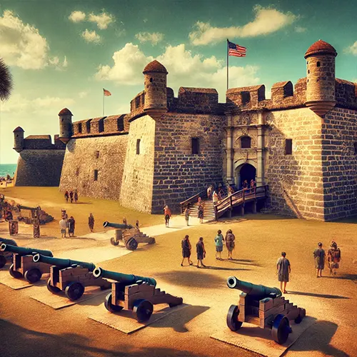 Historical image of Castillo de San Marcos in St. Augustine, showing the ancient fortress with stone walls and sentry posts, visitors exploring under a sunny sky.