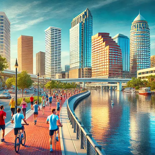 Lively image of Tampa Riverwalk featuring people jogging, cycling, and enjoying walks along the river path with the downtown skyline in the background under a clear sky.